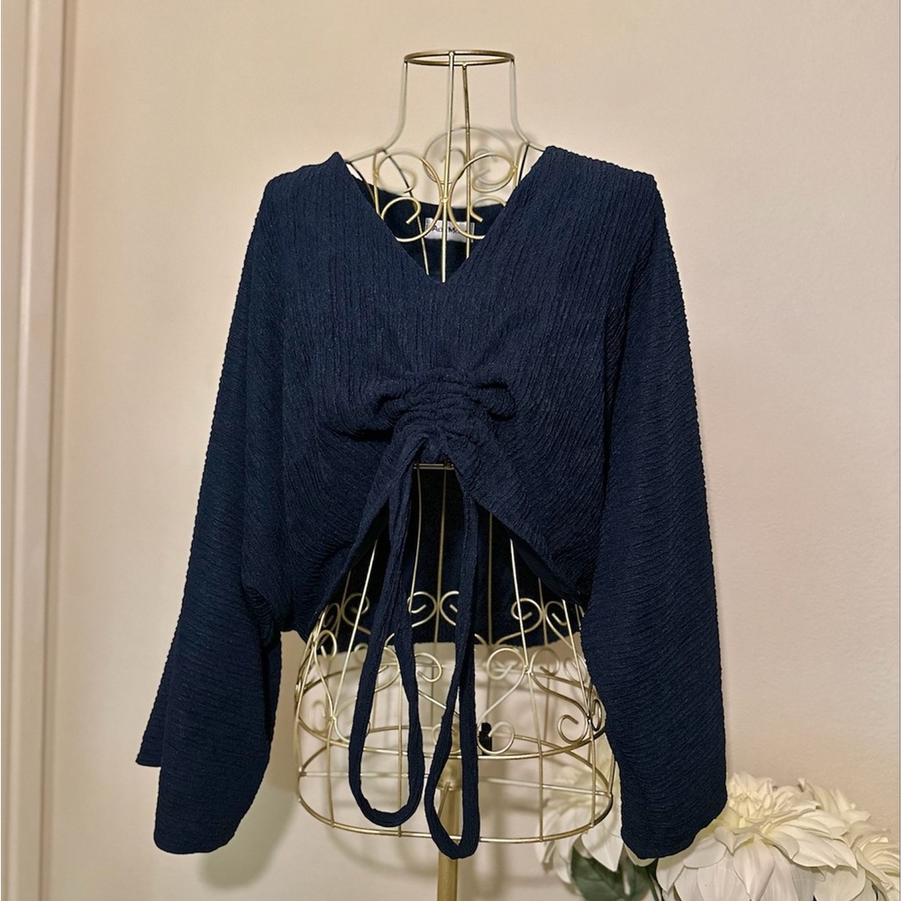 AltaModa Navy Ruched V-neck Blouse - Boho Chic